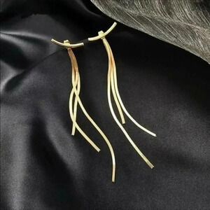 Gold Chain Triple Tassel Curved Bar Earrings NWT